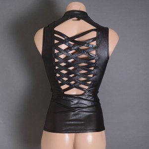Black Faux Leather Cleavage Zip Front Lace Up Fitted Halter Vest Club Top Vest